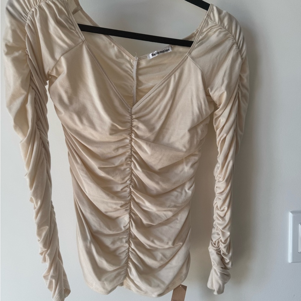 Reformation Cream Ruched Leonora Long Sleeve Top
